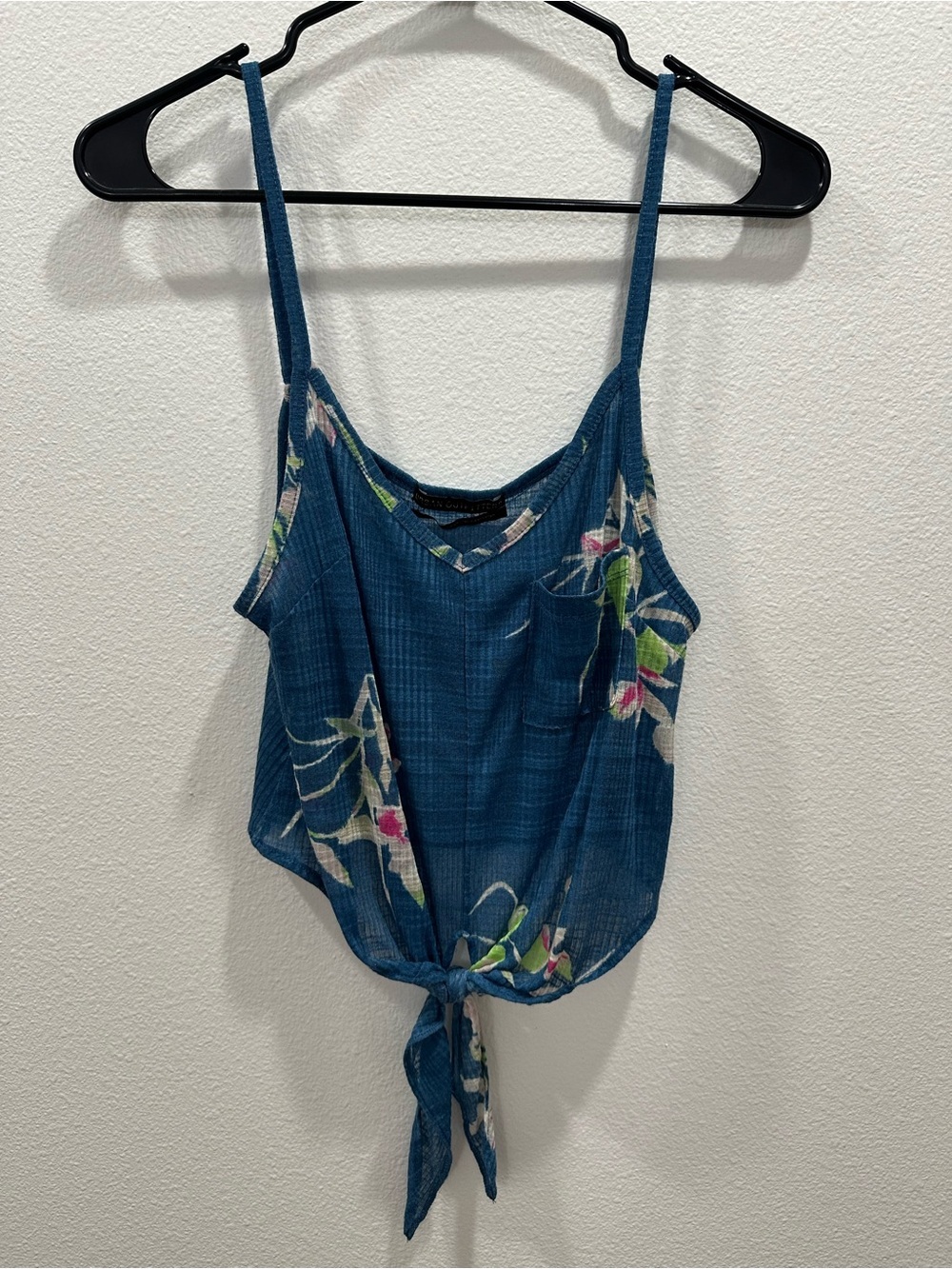 Urban Outfitters small Blue Floral Tie-Front Spaghetti Strap Tank Top sheer